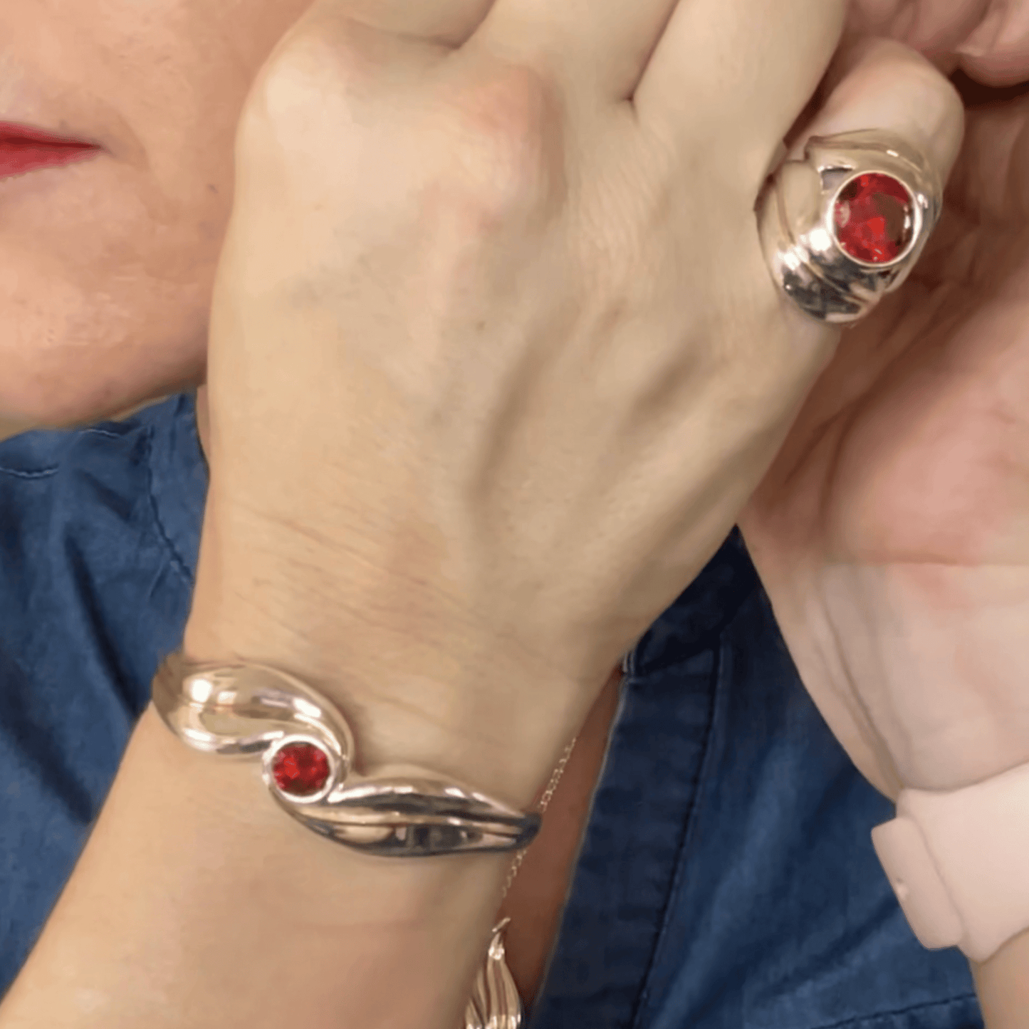 Two Tone Bracelet with Garnet Hued Cubic Zirconia