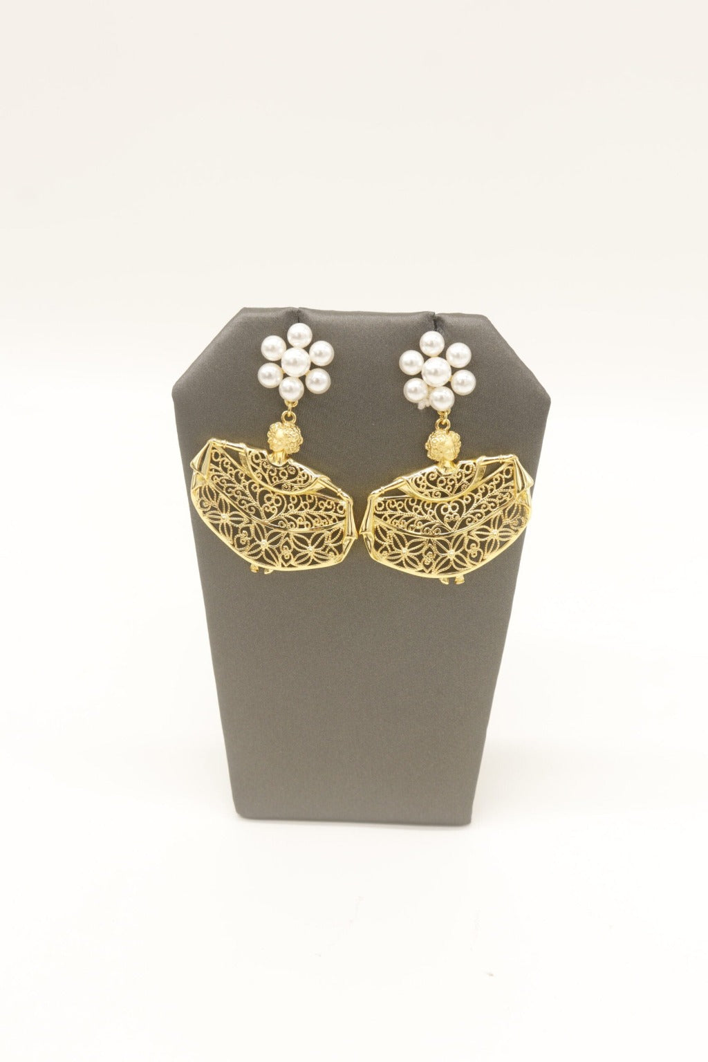 gold plated seven pearl filigree pollera dancer earrings