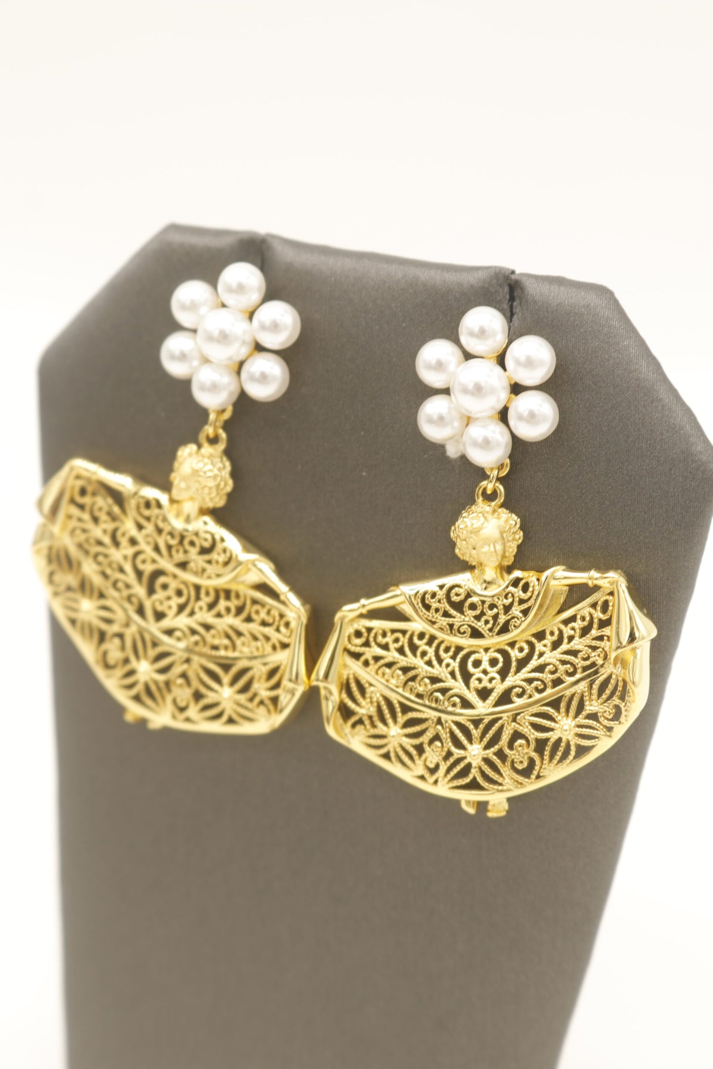 gold plated seven pearl filigree pollera dancer earrings
