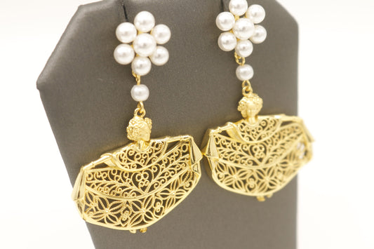 gold plated eight pearl filigree pollera dancer earrings